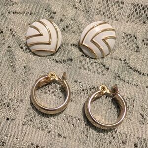 Monet Clip On Earrings Gold and White Enamel Hoop and Round Stud Earring Set